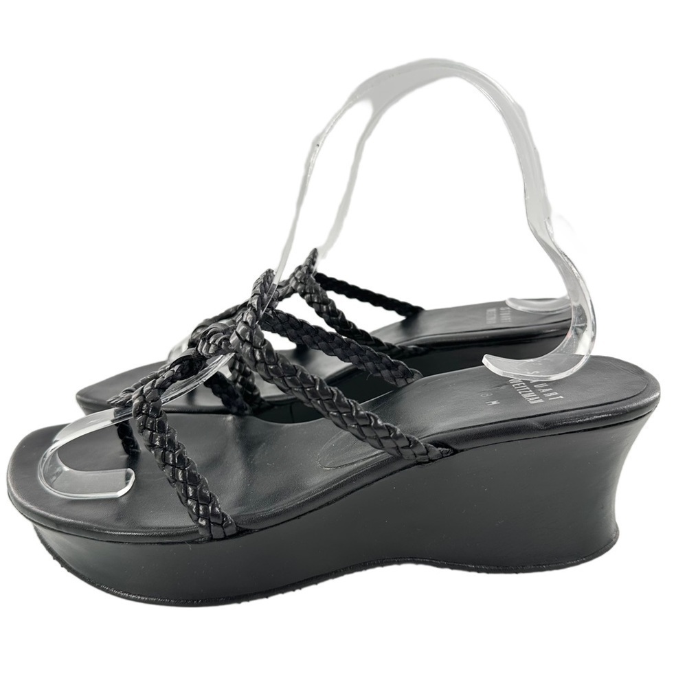 Stuart Weitzman womens sandals 8 black leather braided chunky platform slides - Picture 5 of 12